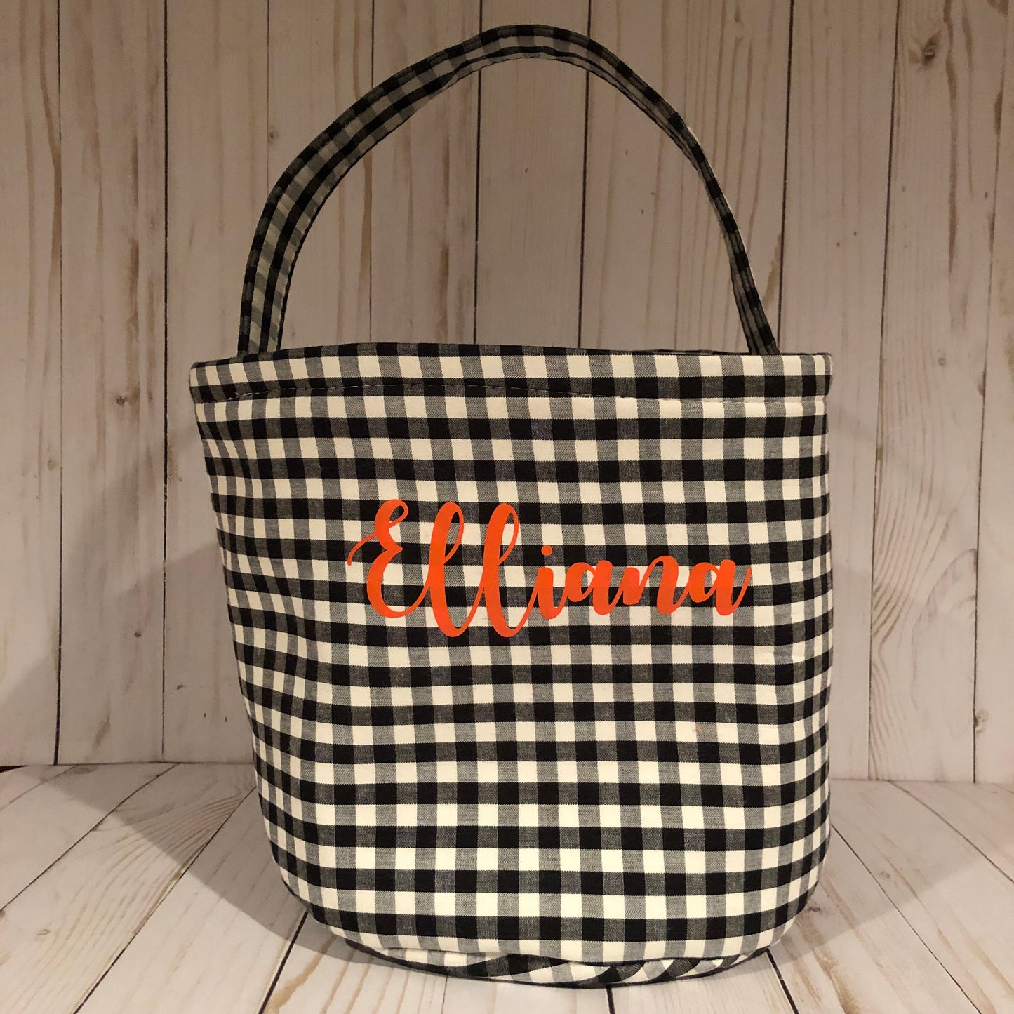 Halloween Gingham Trick or Treat Personalized Name, Kids Candy Bucket, Custom Kids Monogram Orange Black Candy Tote Bag, Trick or Treat Bag