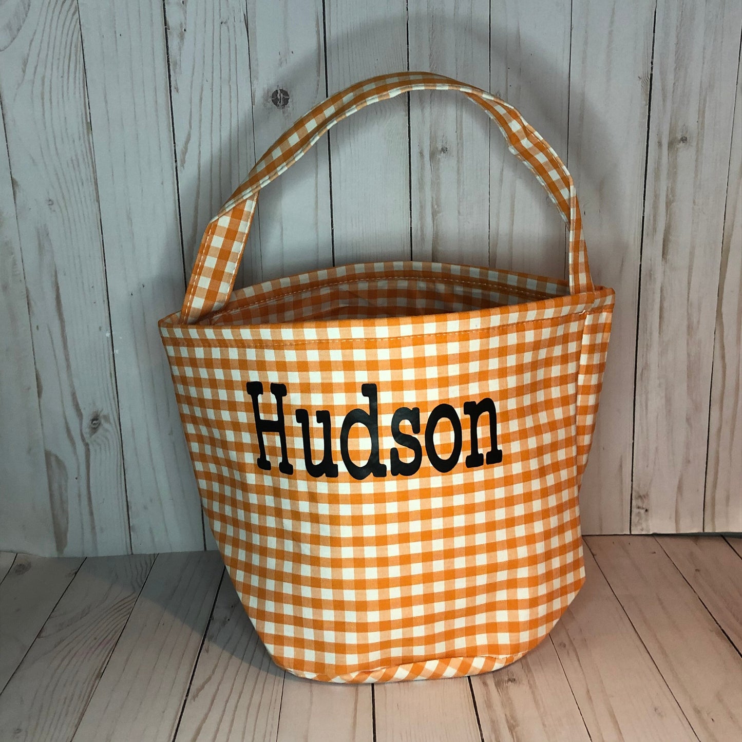 Halloween Gingham Trick or Treat Personalized Name, Kids Candy Bucket, Custom Kids Monogram Orange Black Candy Tote Bag, Trick or Treat Bag