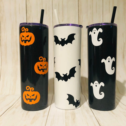 Personalized Halloween Stainless Steel Tumbler with Straw, Iced Hot Coffee Travel Tumbler, Ghost Bat Halloween Cup Gift Women Kids Teachers