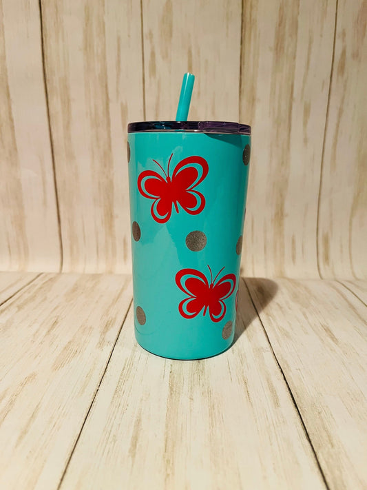 Custom Kids Name Butterfly Water Juice Cup, Glitter Pink Gold Butterfly Stainless Steel Skinny Tumbler, Butterfly Lover Kids Birthday Party