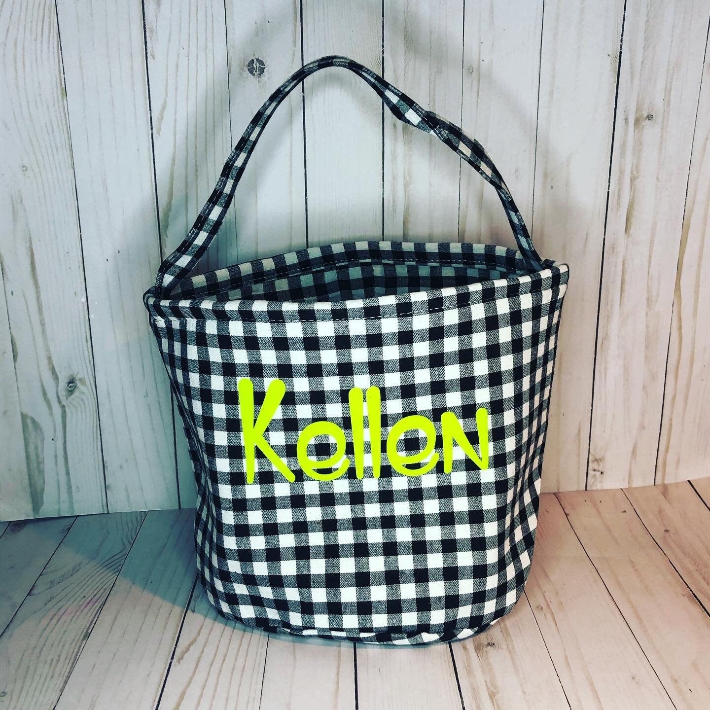 Halloween Gingham Trick or Treat Personalized Name, Kids Candy Bucket, Custom Kids Monogram Orange Black Candy Tote Bag, Trick or Treat Bag