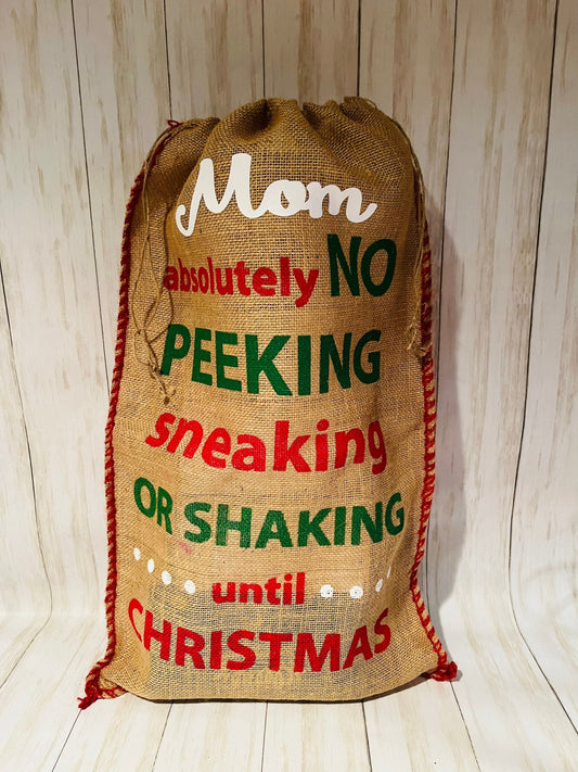 Personalized Christmas Burlap Bag, Jumbo Santa Bag, No Peeking Until Christmas, Custom Stocking Stuffer, Reusable Drawstring Christmas Bag