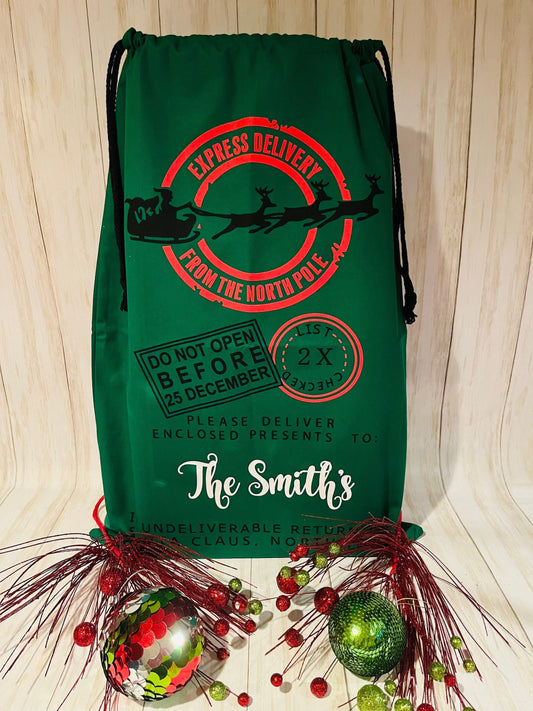 Personalized Christmas Bag, Jumbo Santa Bag, Custom Stocking Stuffer, Reusable Drawstring Gift Wrap for Christmas Sack, Santa Fabric Tote