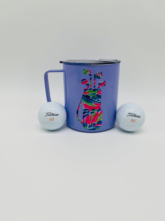 Golf Gift for Women, Purple Golf Coffee Mug 14oz, Personalized Golf Travel Mug with Lid, Lilly Inspired Golf Cup, Golf Bag Tea Drinker Gift