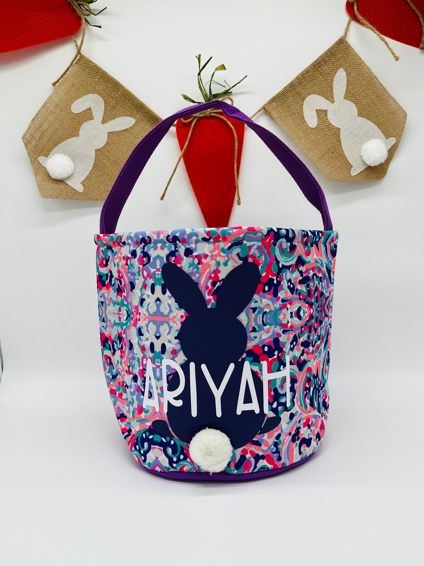 Personalized Easter Basket, Lilly P Inspired Easter Kids Egg Hunt Bag, Personalized Bunny Basket, Bunny with Tail, Monogram Easter